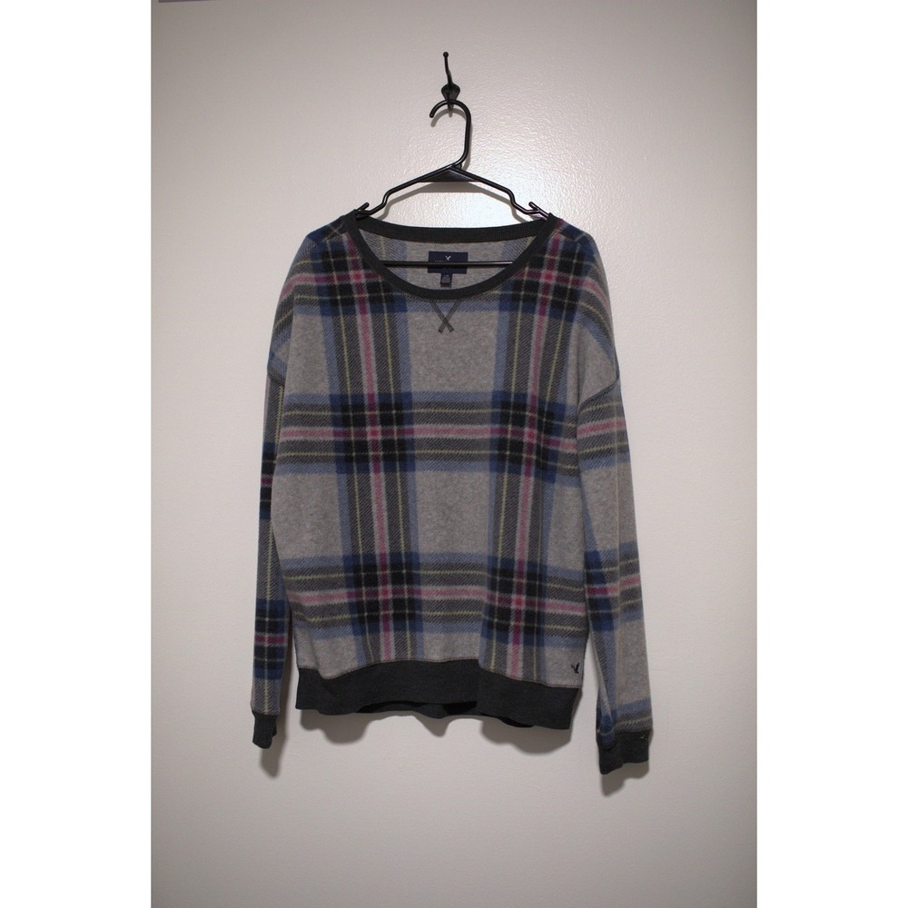 American Eagle Womens Plaid Crewneck Fleece Sweatshirt Grey Blue Pink Large